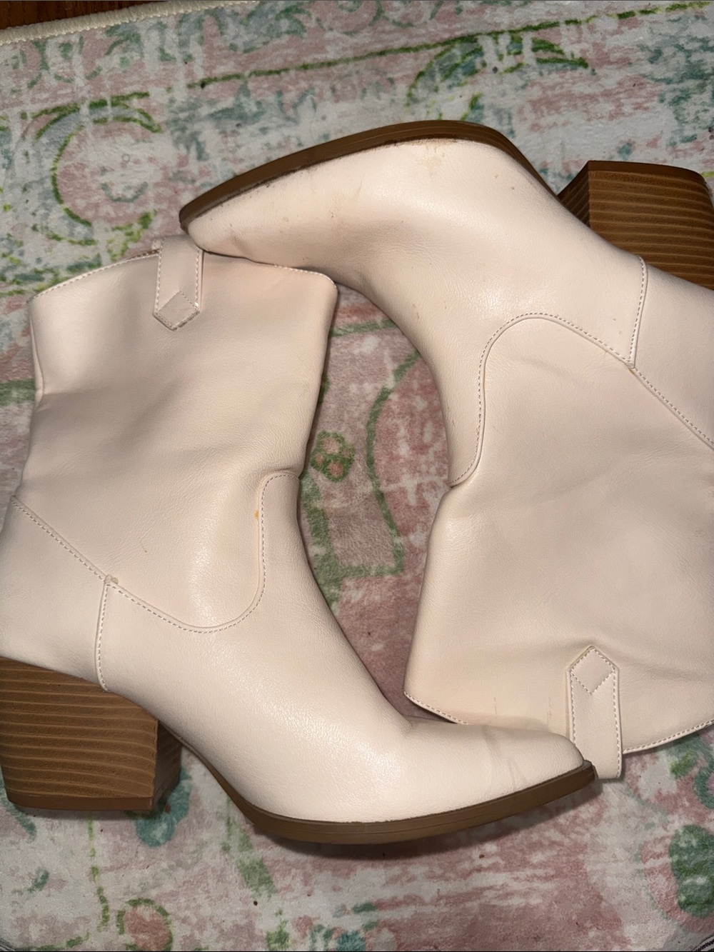 Pink Lily Cream Western-Inspired Block Heel Ankle Boots